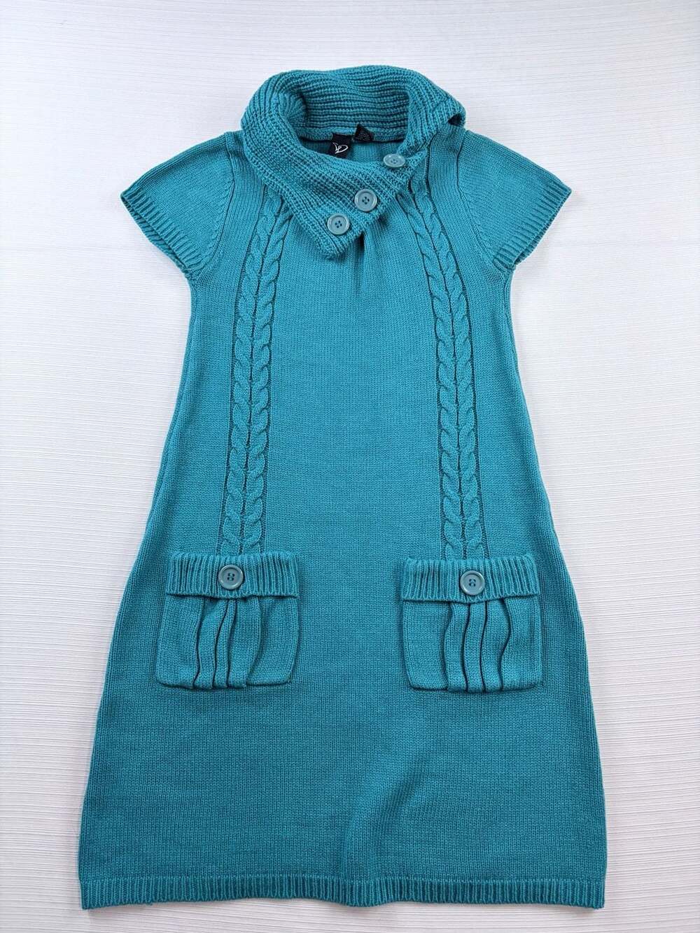 Windsor Teal Blue Cable Knit Turtleneck Short Sleeve Sweater Dress with Pockets